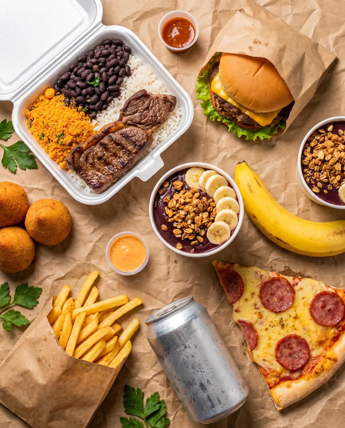 Marmita, hambúrguer, açaí, coxinha, pizza e fritas prontos para o delivery